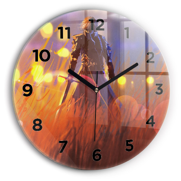Round glass wall clock Knight with a sword