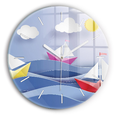 Round glass wall clock Origami colorful sailboats