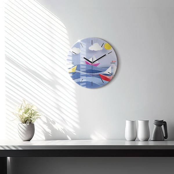 Round glass wall clock Origami colorful sailboats