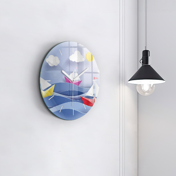 Round glass wall clock Origami colorful sailboats