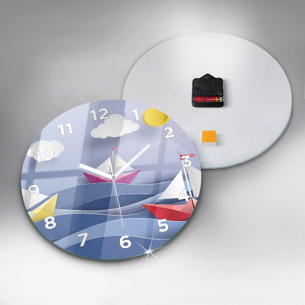 Round glass wall clock Origami colorful sailboats