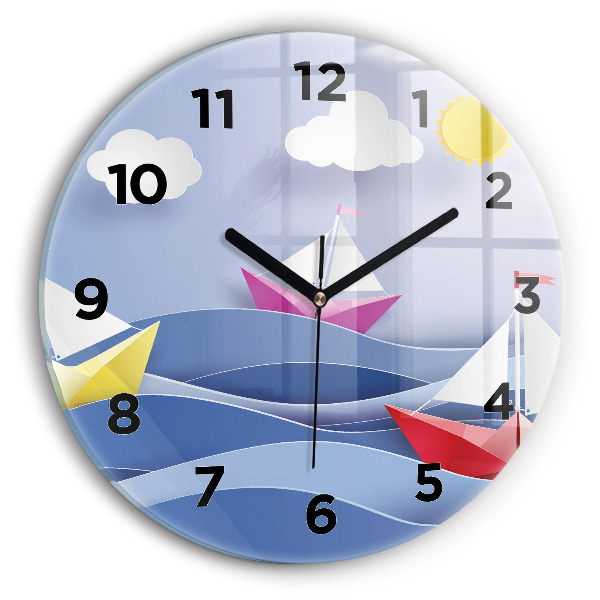 Round glass wall clock Origami colorful sailboats