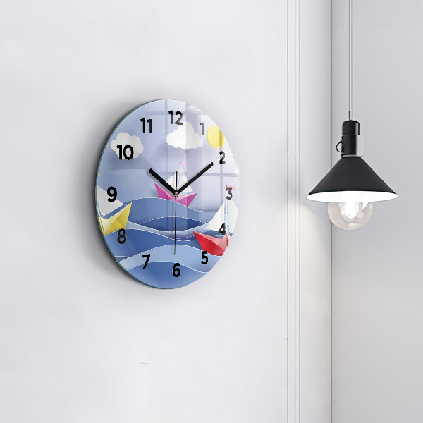 Round glass wall clock Origami colorful sailboats