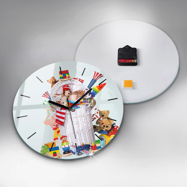 Round glass wall clock Wicker basket with toys