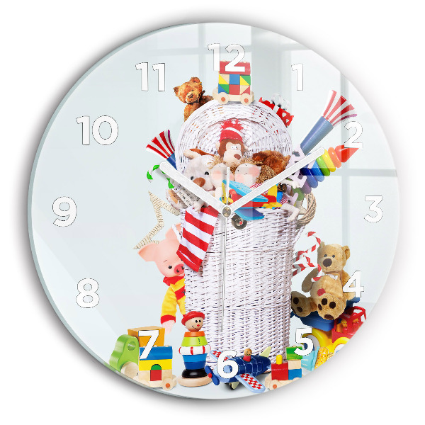Round glass wall clock Wicker basket with toys