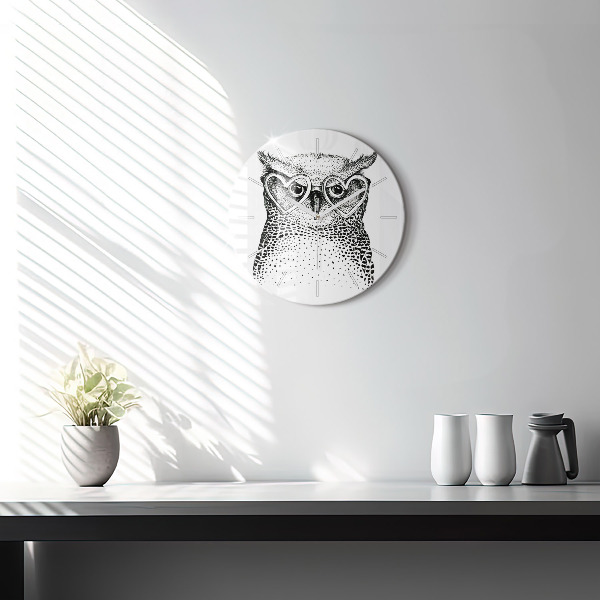 Round glass wall clock Drawn owl with glasses