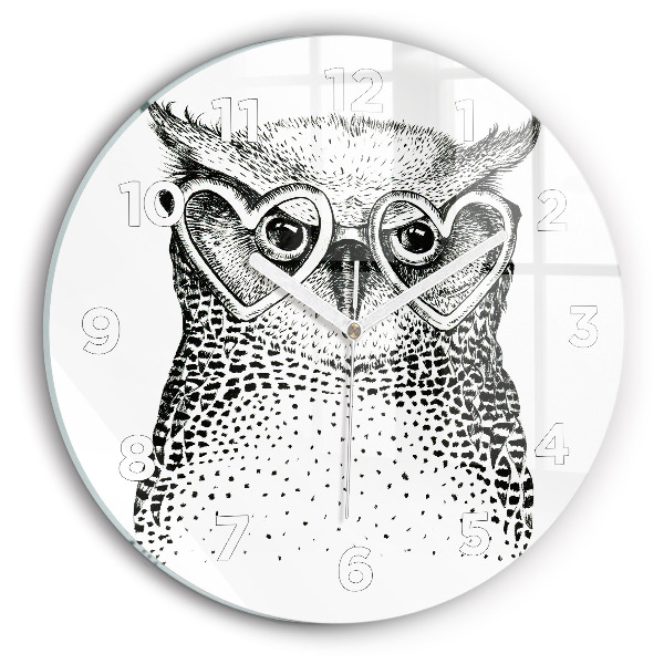 Round glass wall clock Drawn owl with glasses