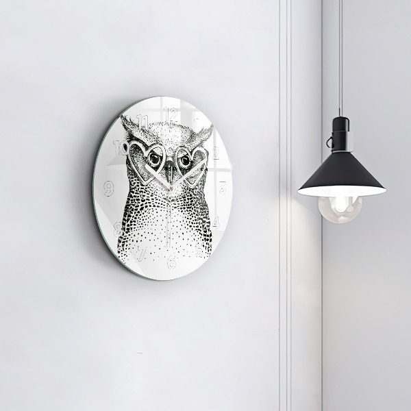 Round glass wall clock Drawn owl with glasses