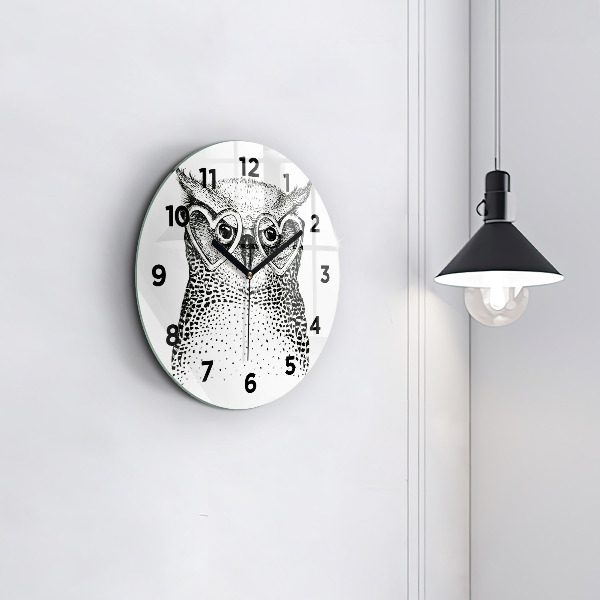 Round glass wall clock Drawn owl with glasses