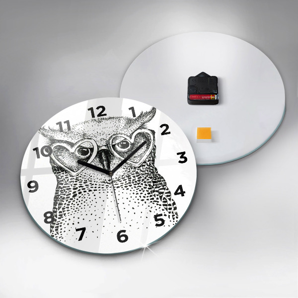 Round glass wall clock Drawn owl with glasses
