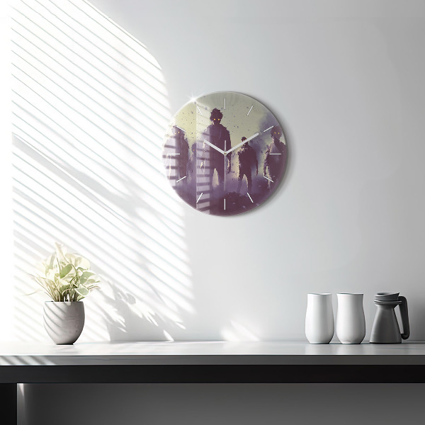 Round glass wall clock Zombies at night - halloween
