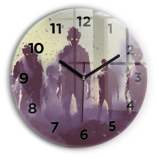 Round glass wall clock Zombies at night - halloween