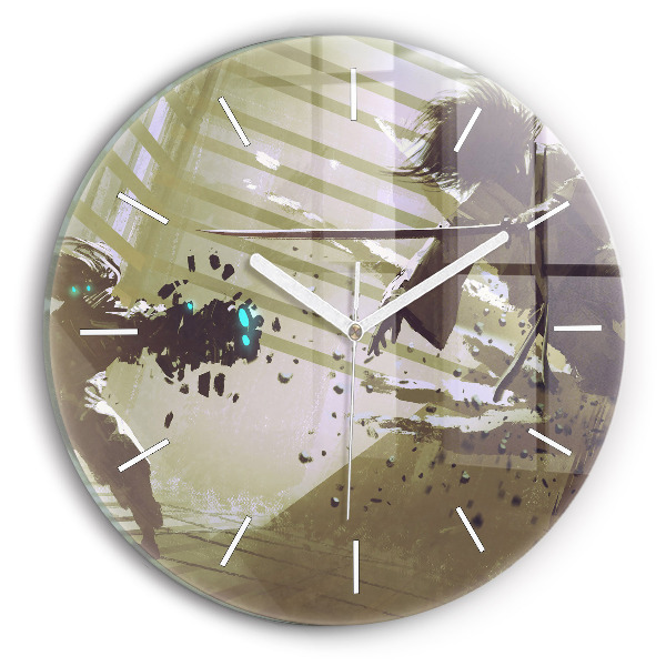 Round glass wall clock Robot vs Samurai Fight