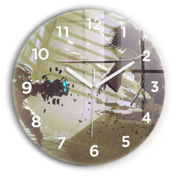 Round glass wall clock Robot vs Samurai Fight