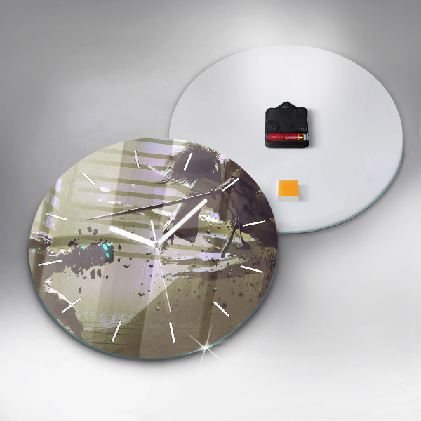 Round glass wall clock Robot vs Samurai Fight