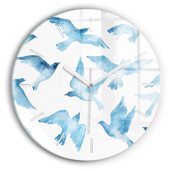 Round glass wall clock Flying blue birds
