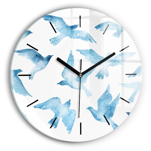 Round glass wall clock Flying blue birds