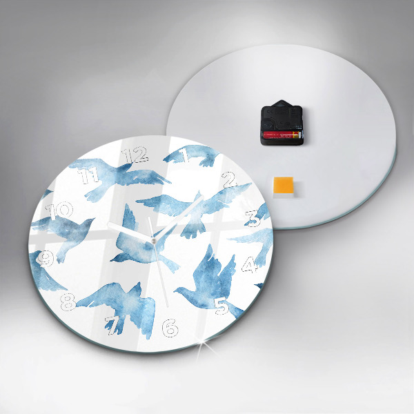 Round glass wall clock Flying blue birds