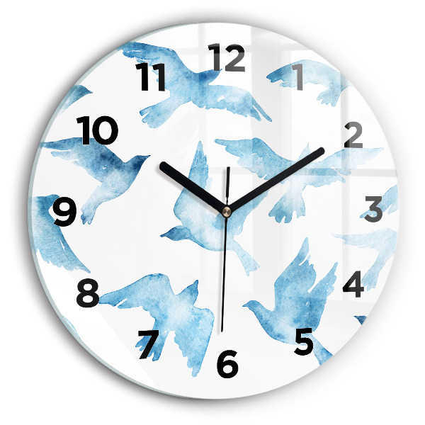 Round glass wall clock Flying blue birds