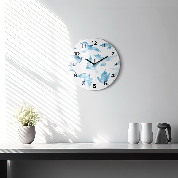 Round glass wall clock Flying blue birds