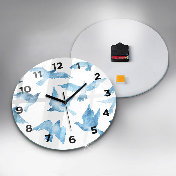 Round glass wall clock Flying blue birds