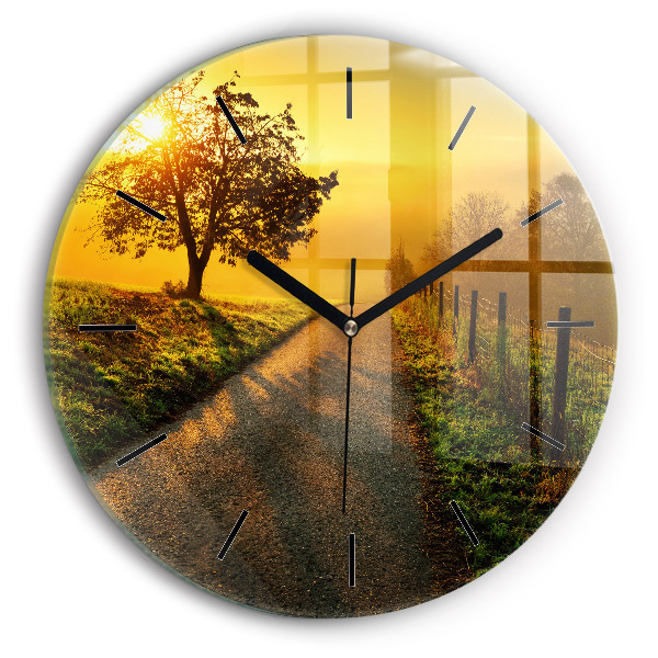 Round glass wall clock Fog at sunrise