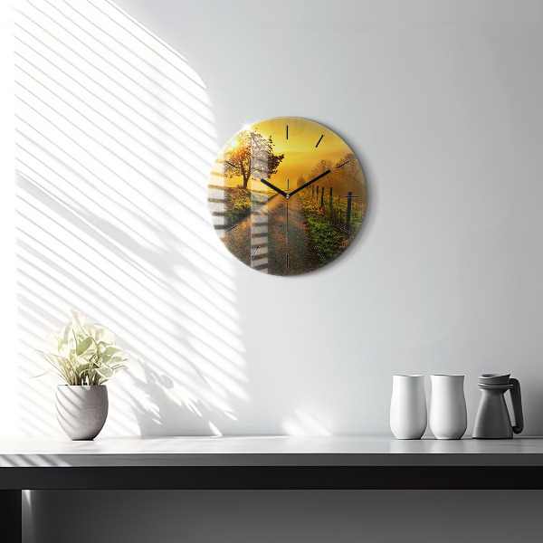Round glass wall clock Fog at sunrise