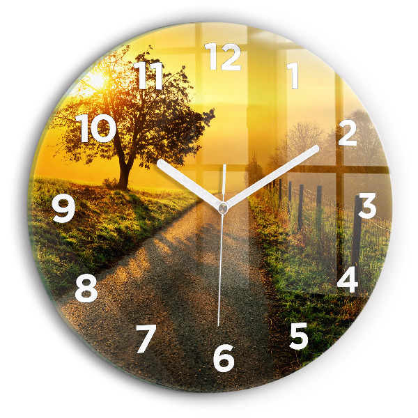 Round glass wall clock Fog at sunrise