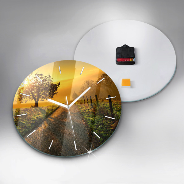 Round glass wall clock Fog at sunrise