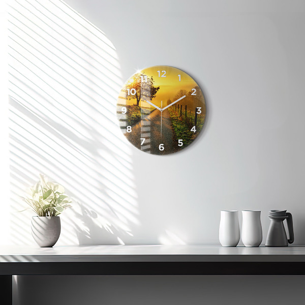 Round glass wall clock Fog at sunrise