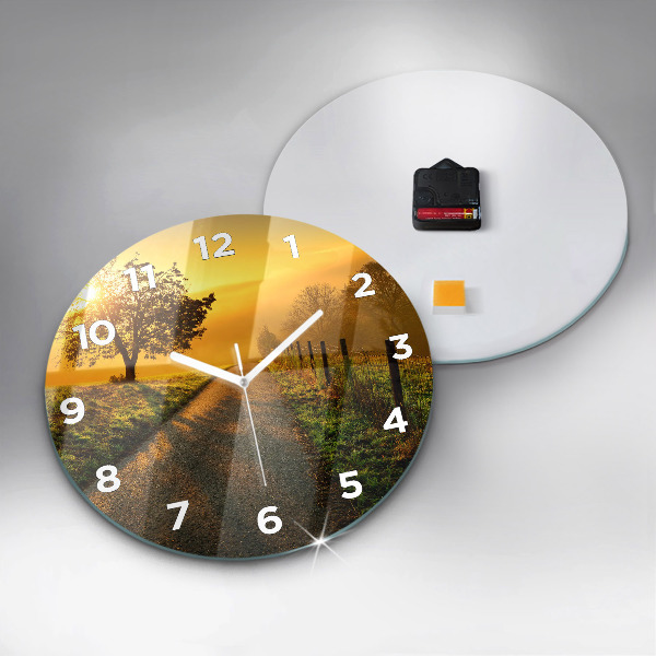 Round glass wall clock Fog at sunrise