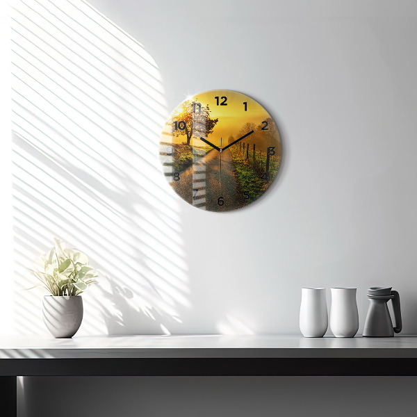 Round glass wall clock Fog at sunrise