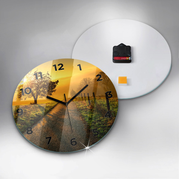 Round glass wall clock Fog at sunrise