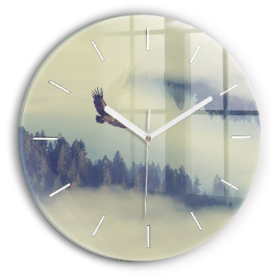 Round glass wall clock Misty forest eagle