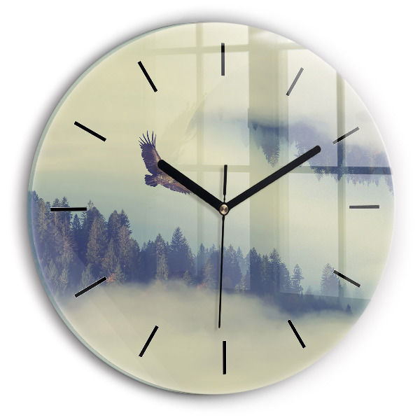 Round glass wall clock Misty forest eagle