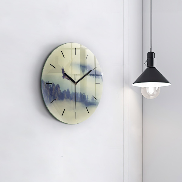 Round glass wall clock Misty forest eagle