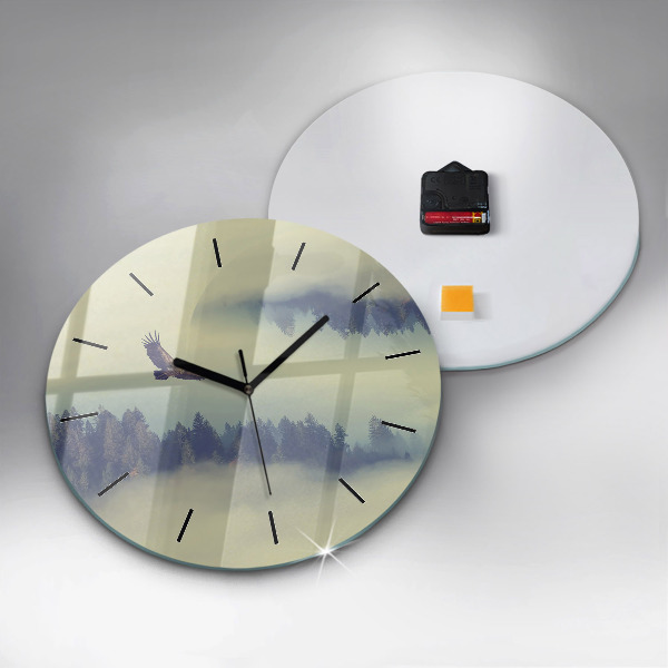 Round glass wall clock Misty forest eagle