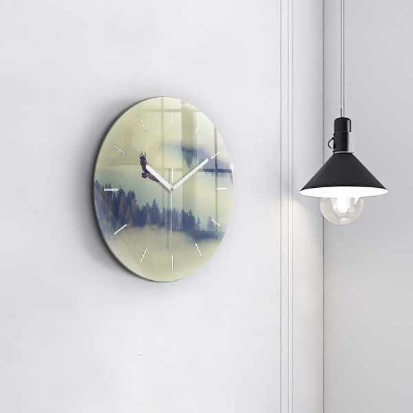 Round glass wall clock Misty forest eagle