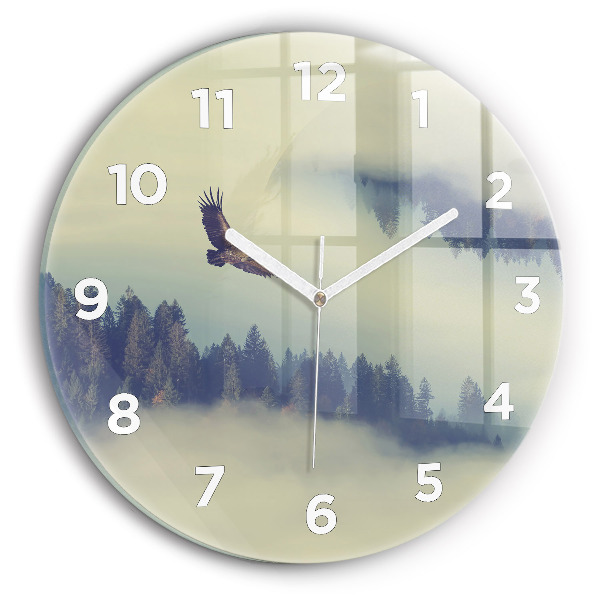 Round glass wall clock Misty forest eagle