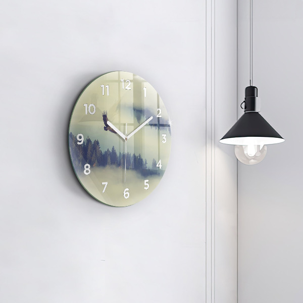 Round glass wall clock Misty forest eagle