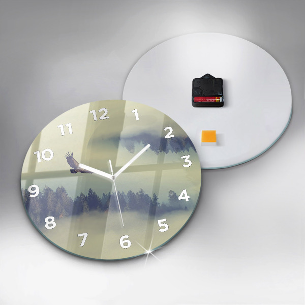 Round glass wall clock Misty forest eagle