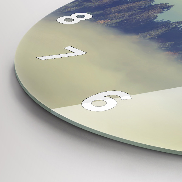 Round glass wall clock Misty forest eagle