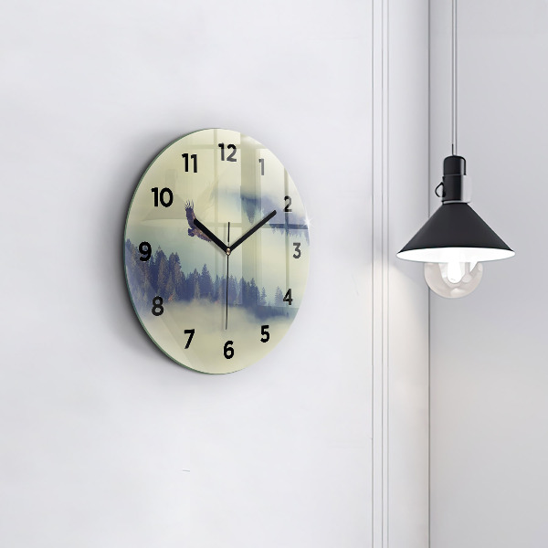 Round glass wall clock Misty forest eagle