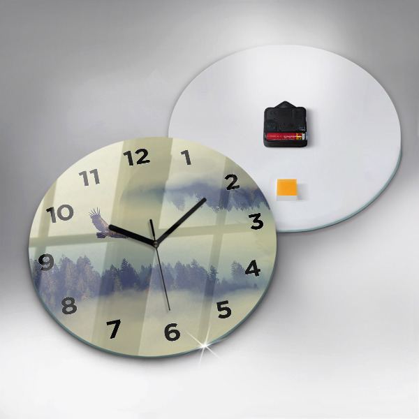 Round glass wall clock Misty forest eagle