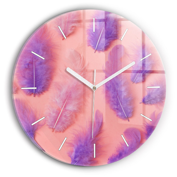 Round glass wall clock Colorful feathers