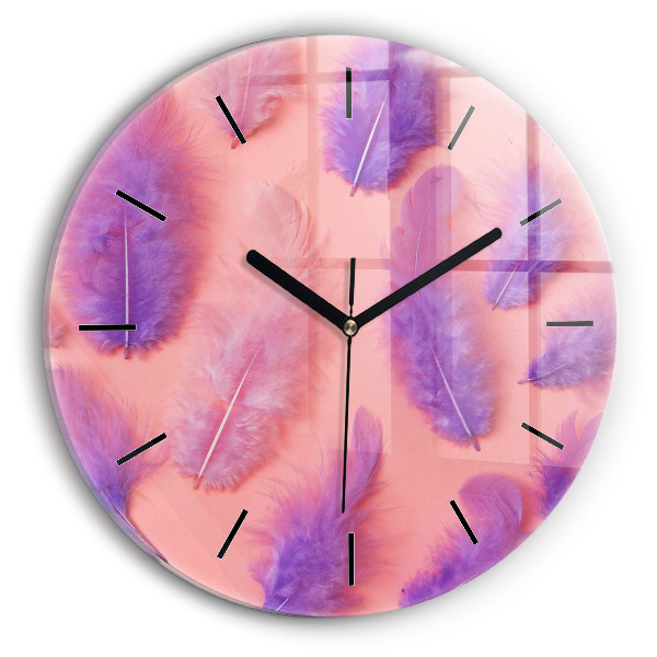 Round glass wall clock Colorful feathers