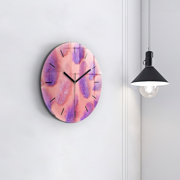 Round glass wall clock Colorful feathers