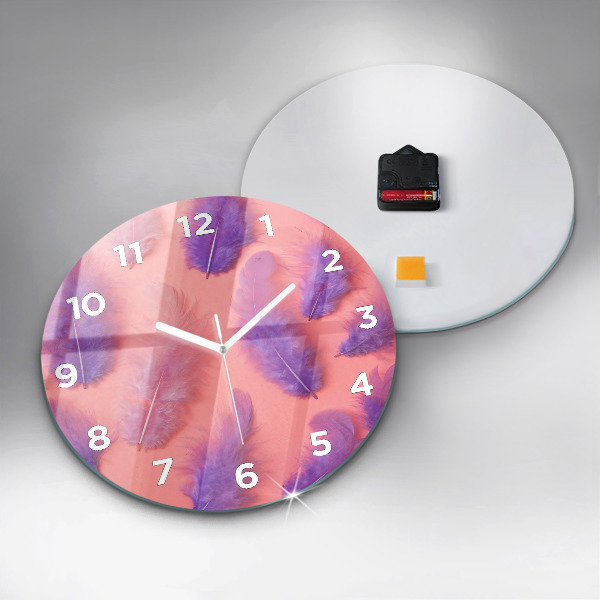 Round glass wall clock Colorful feathers