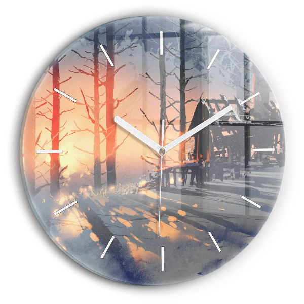 Round glass wall clock Winter Tree Landscape
