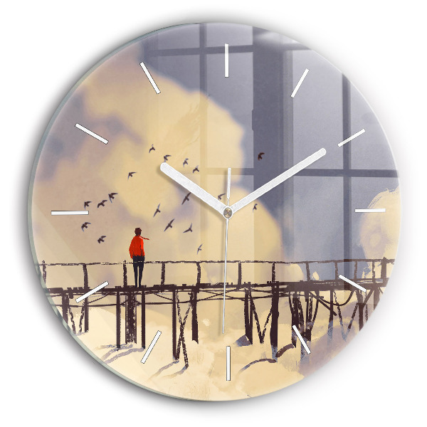 Round glass wall clock Man on the old bridge